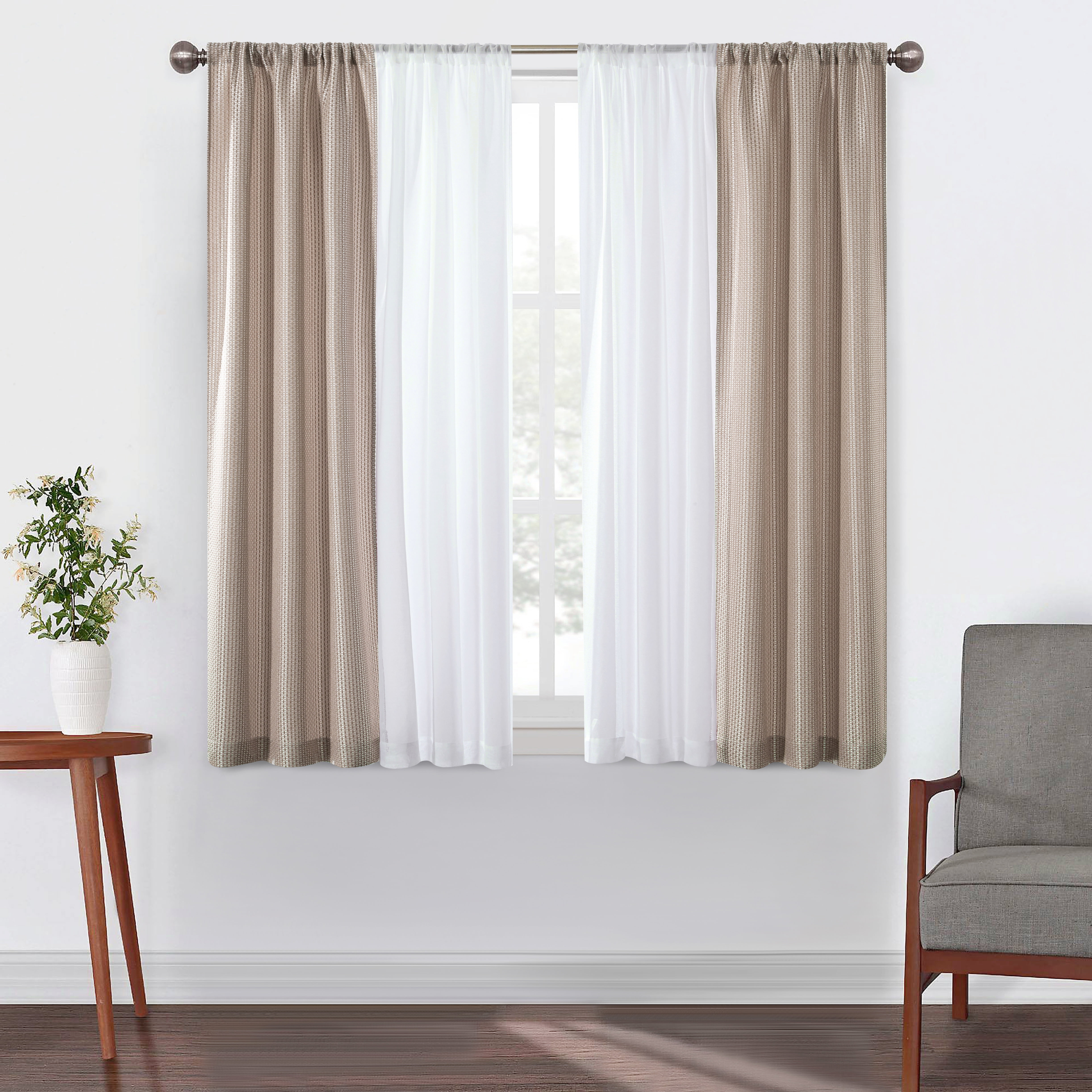 Better Homes & Gardens 4 Piece Taupe Open Stitch & Solid Curtain & Sheer Panel Set, Taupe, 74x63