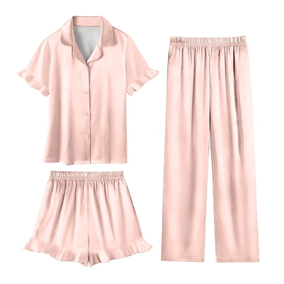 Mifsaly Kids Girls Pajama Set 3 Piece Soild Color Silk Satin Pjs Matching Outfits Button Down Sleep Shirts with Ruffle Trim Shorts and Fit Lounge Pants