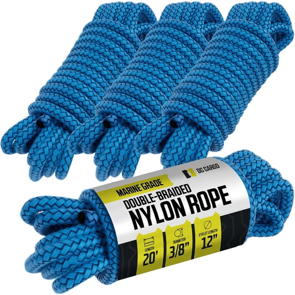Boat Dock Lines (4 Pack) 3/8 X 20' Double Braided Boat Ropes for Docking with 12" Eyelet. Marine Grade Nylon Material & Damage Resistant Line Fibers for Secure Docking