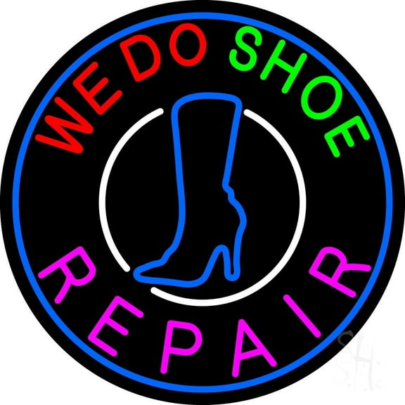 We Do Shoe Repair LED Neon Sign 18 x 18 - inches, Black Square Cut Acrylic Backing, with Dimmer - Bright and Premium built indoor LED Neon Sign for store interior Décor, Storefront.