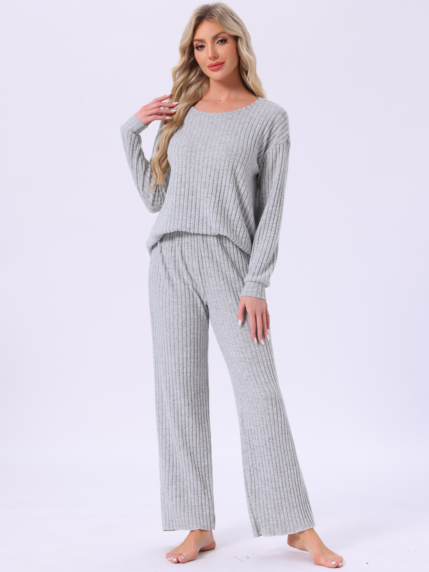 DARING DIVA Ribbed Knit Pajama 2 Piece Long Sleeve Top Pants Sleepwear S Light Grey