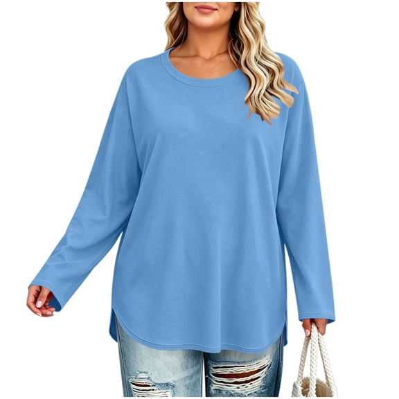 Vivianyo HD Women's Plus Size Round Neck Long Sleeve Tunic Top, Curved Split Hem Loose Shirt for Autumn Daily Errands Casual Outings, Sizes L-4XL