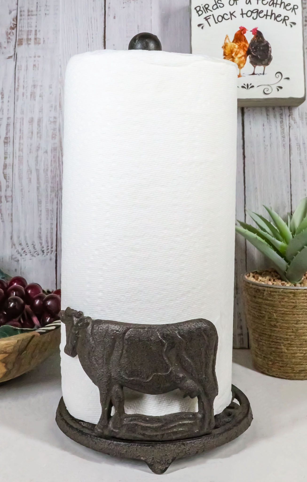 Cast Iron Rustic Holstein Cow With Scroll Art Kitchen Paper Towel Holder Stand