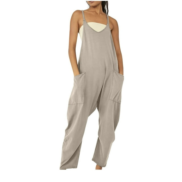 LSLJS Women's Loose Solid Jumpsuits Sleeveless Spaghetti Strap Loose Adjustable Jumpsuits
