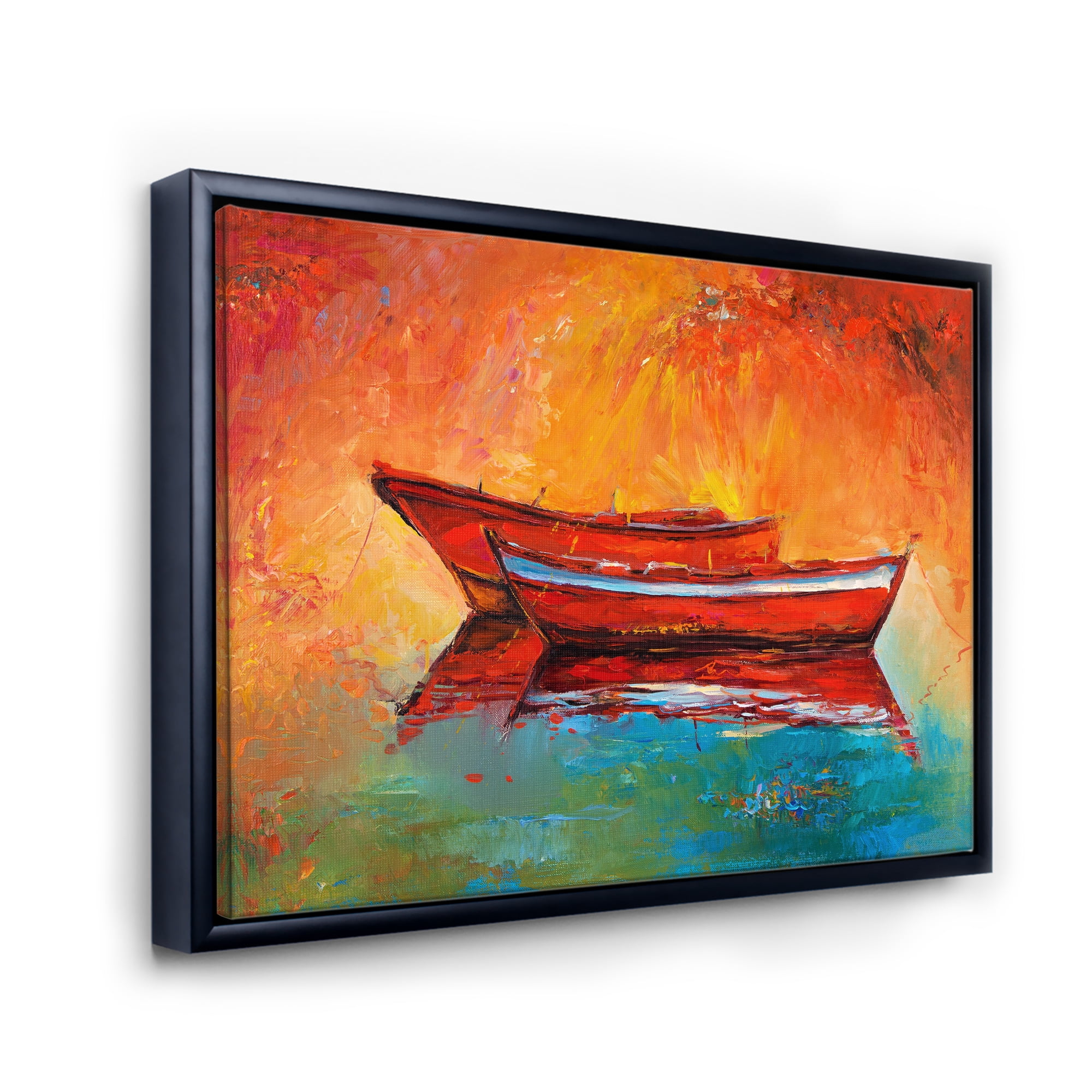 Designart 'Two Red Boats During Sunset In Lake' Nautical & Coastal Framed Canvas Wall Art Print