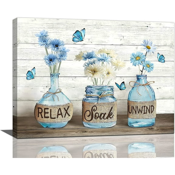 Farmhouse Decor Wall Art Daisy Bathroom Picture Canvas Print Framed Modern Bathroom Artwork 12" x 16"