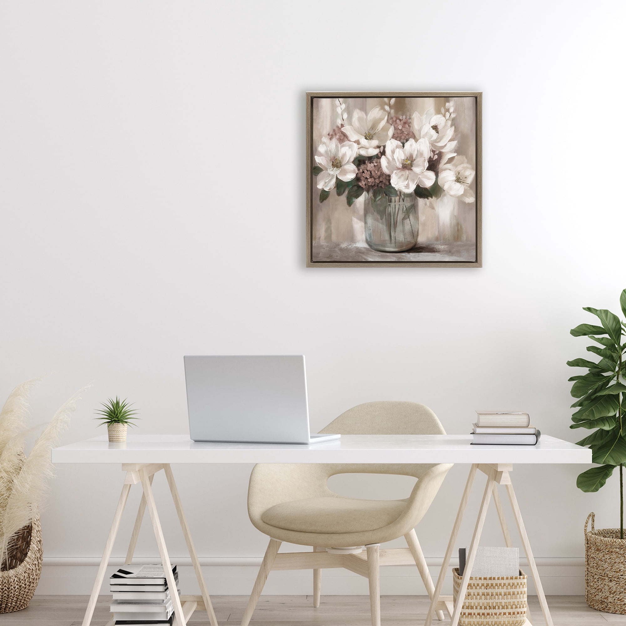 Stupell Industries Ivory Magnolias Vase Brown Framed Floater Canvas Wall Art, design by Nan
