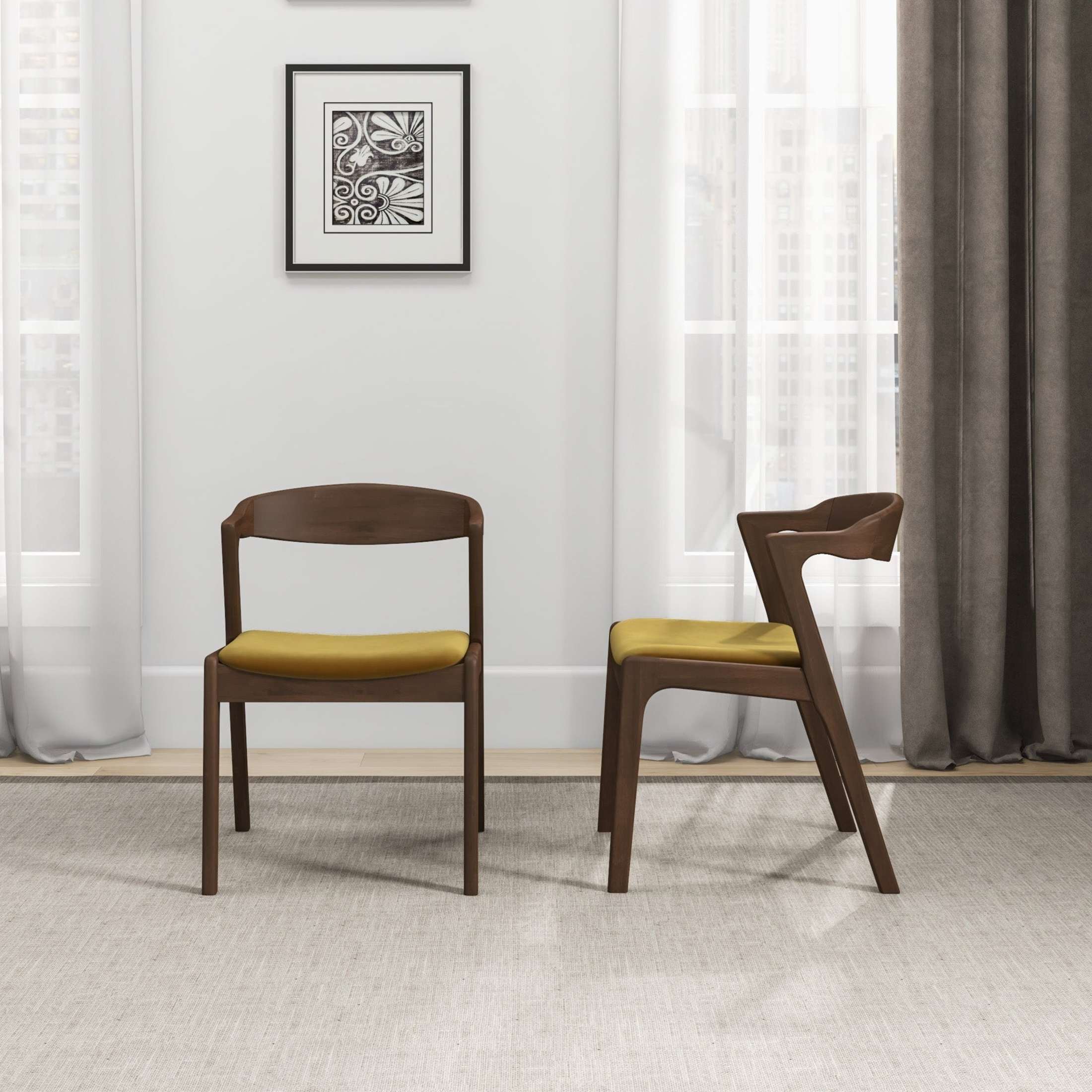 Noble House Nora Dakota Velvet Upholstered Dining Chair Set with Wood Frame, Set of 2, Dark Yellow and Dark Brown