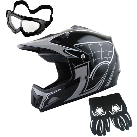 Wow! Youth Motocross Helmet HJOY BMX MX ATV Dirt Bike Helmet Spider Web Black, Goggles, Martian Spider Black Glove Youth Bundle