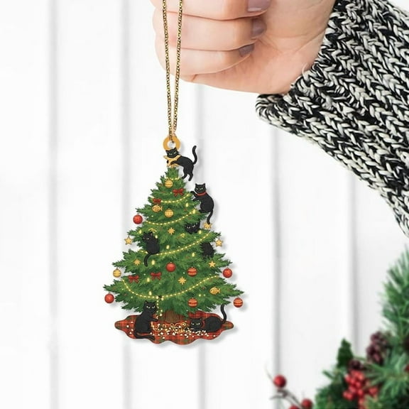 ViciArt Black Cat Christmas Tree Ornament, Double-Sided Holiday Decor with Cats & Ornaments, Acrylic/Fiber Wood