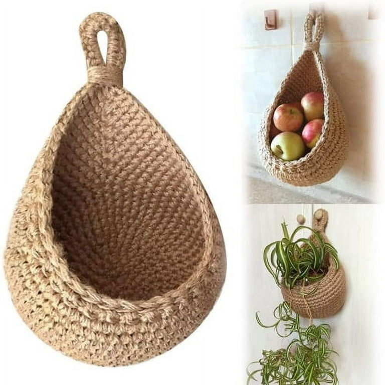 Wall Hanging Fruit Basket, Boho Jute Hanging Baskets Pantry Potato