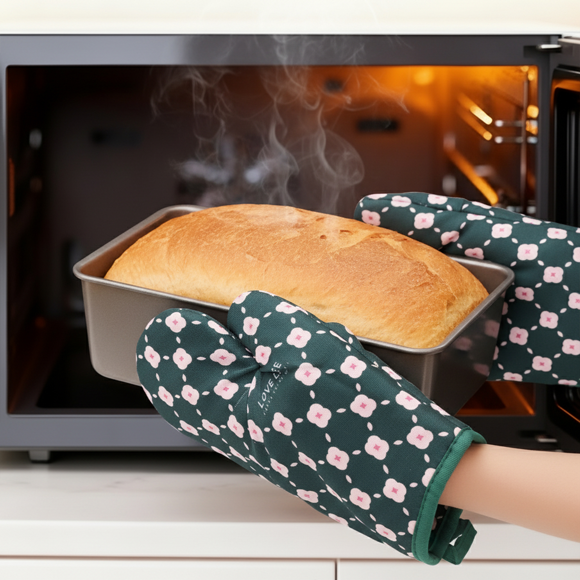 Unique Bargains Soft Floral Heat-Resistant Oven Mitts Cooking Gloves Dark Green