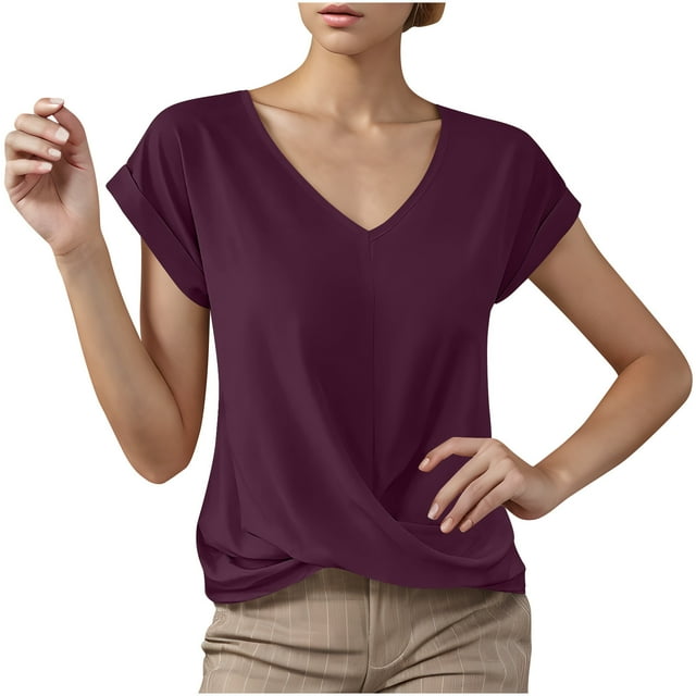 Summer T Shirts for Women V-Neck Short Sleeve Casual Tops Solid Color Basic Tees