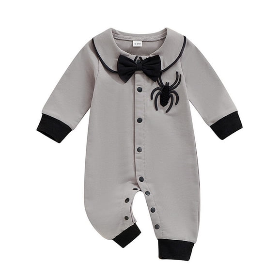 WIBACKER Newborn Baby Boy Halloween Outfit Long Sleeve Spider Embroidery Romper Bowtie Jumpsuit Halloween Costumes 0-18M