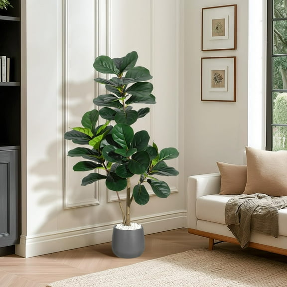 EcoSummer 4FT Artificial Fiddle Leaf Fig Tree with 48 Leaves, Faux Ficus Lyrata in 7.8" Grey Planter Pot, Realistic Indoor Fake Floor Plant for Home Office Decor