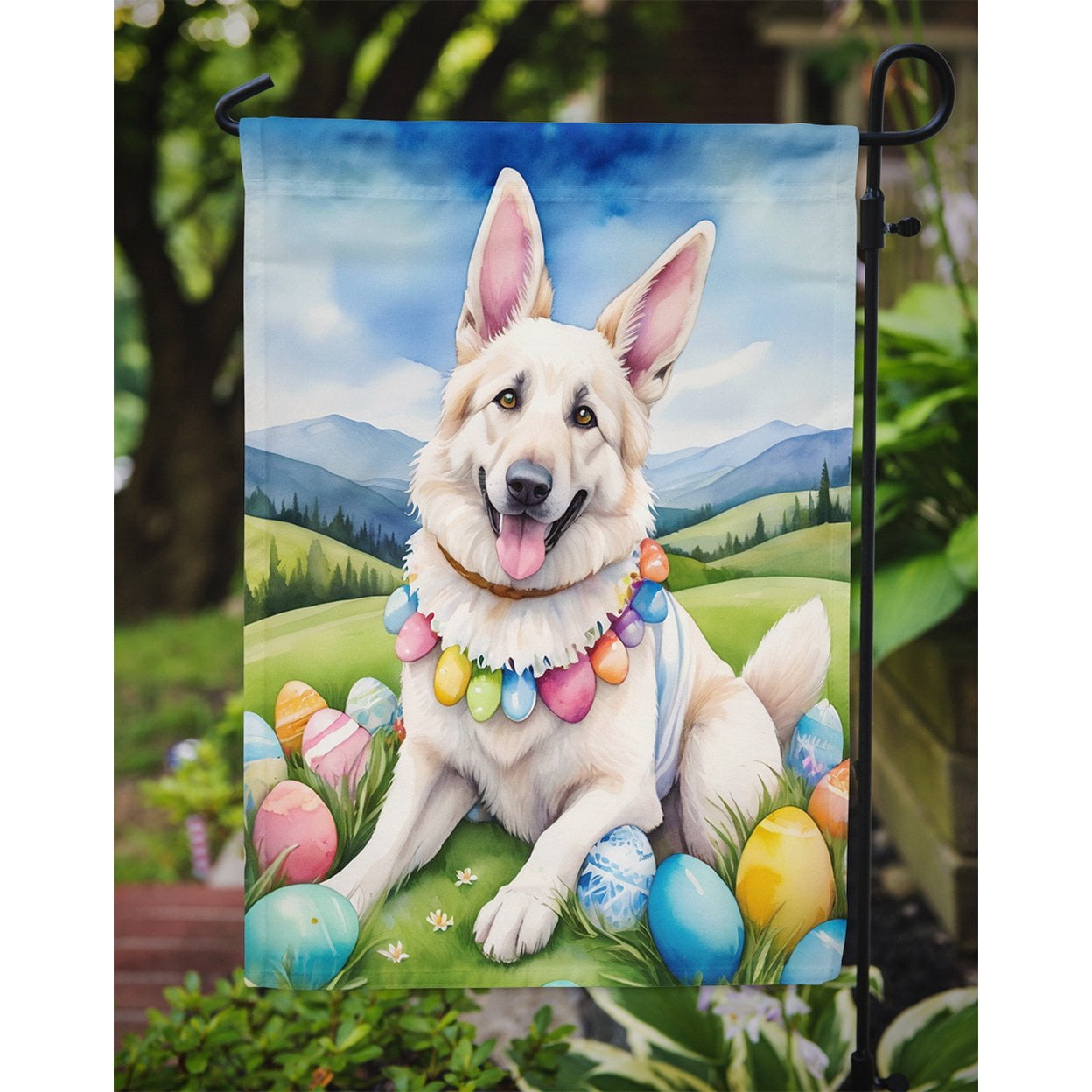 White German Shepherd Easter Egg Hunt Garden Flag 11.25 in x 15.5 in