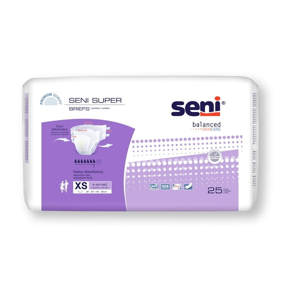 Seni Super Adult Incontinence Brief XS Heavy Absorbency Breathable, S-XS25-BS1, Heavy, 50 Ct