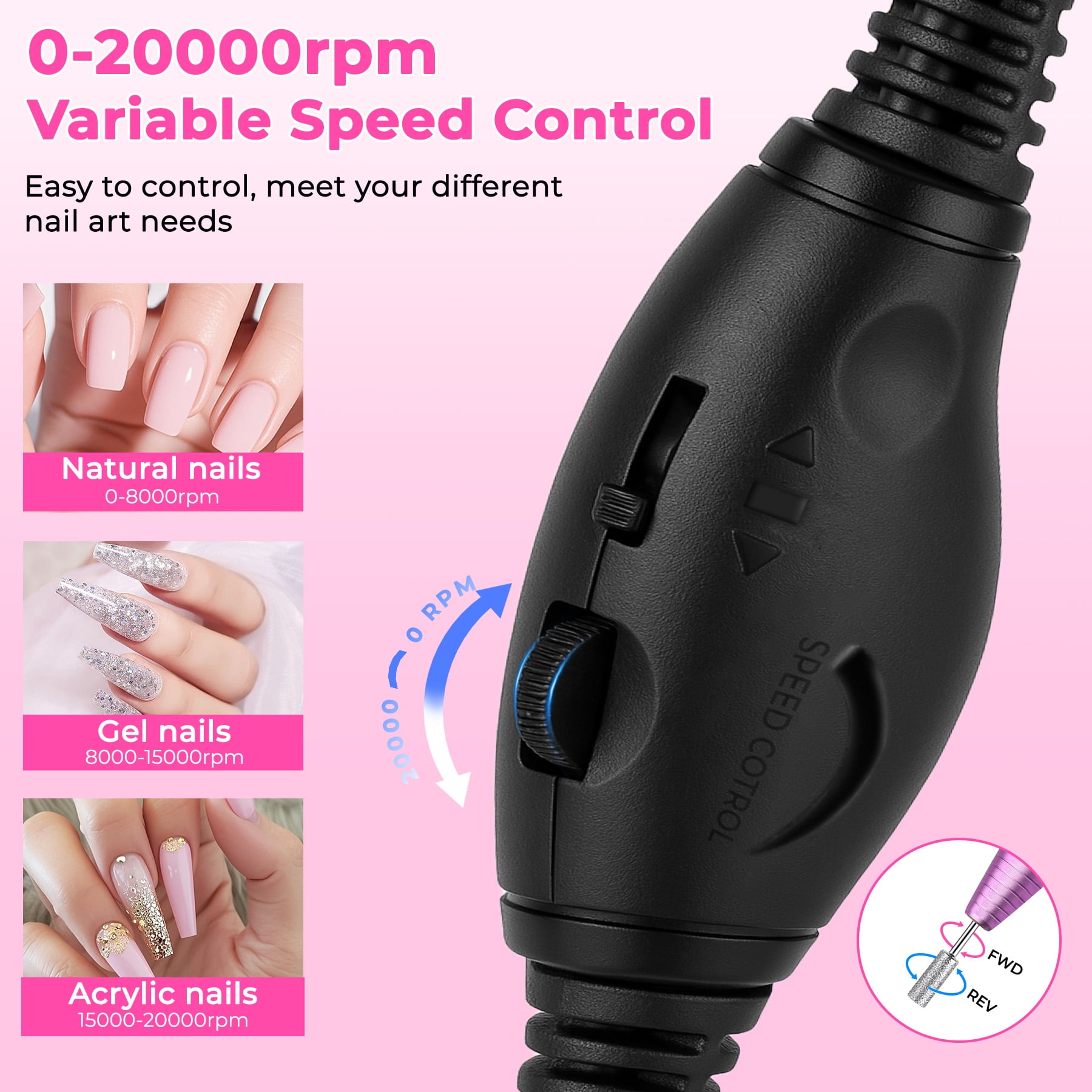 Electric Nail Drill Machine - Portable Pen-Shaped Nail Drill Kit with 6 Bits & Sanding Bands, Low Noise Low Heat for Manicure Pedicure