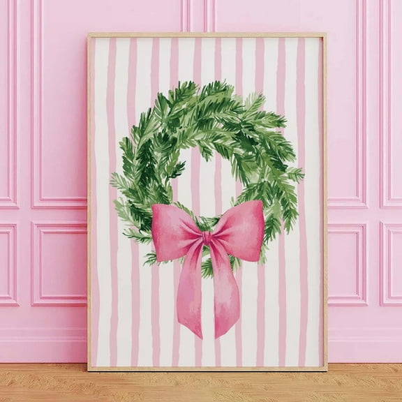 Coquette Christmas Wreath Wall Art, Art , Trendy Pink Christmas Prints, Girly Holiday Wall Art, Cute Ribbon Bows Christmas- Wall Art Print, 8x12 UNFRAMED