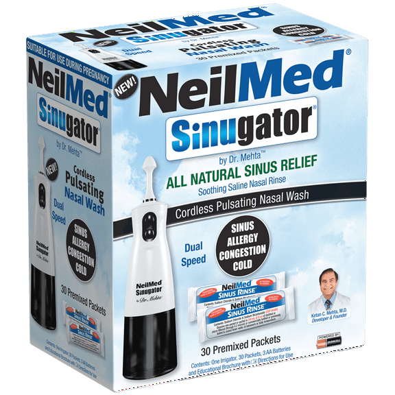 NeilMed Sinugator Cordless Pulsating Nasal Irrigator (Dual Speed) with 30 Premixed Packets and 3 AA Batteries - Black