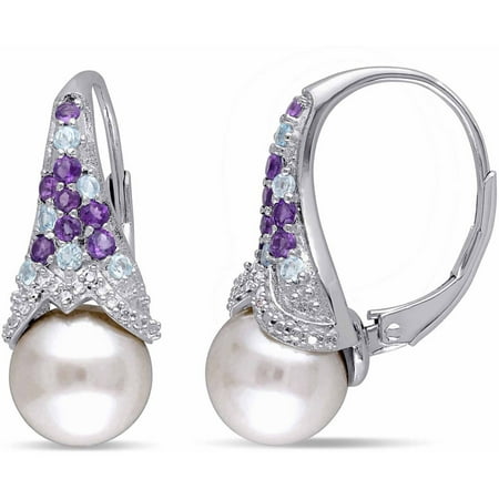 Tangelo 8-8.5mm White Round Cultured Freshwater Pearl with 3/5 T.G.W. Multi-Gemstone and Diamond-Accent Sterling Silver Leverback Earrings