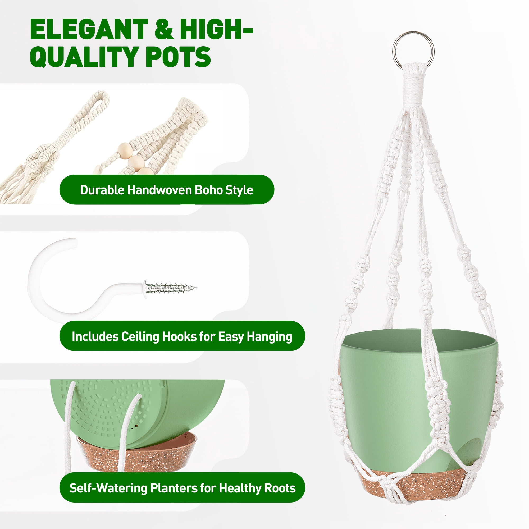 3-Pack Self Watering Hanging Plant Pots with Macrame Hangers, Plastic Planters with Drainage Holes and Saucers, Indoor Outdoor Flower Pots, Includes 3 Ceiling Hooks, 7"/6"/5.5" (Green)