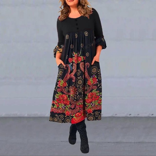 CHUANK Robe Jupe Femme Jeune Adulte Mode Positionnement Imprimée Manches Longues Longue avec Poches