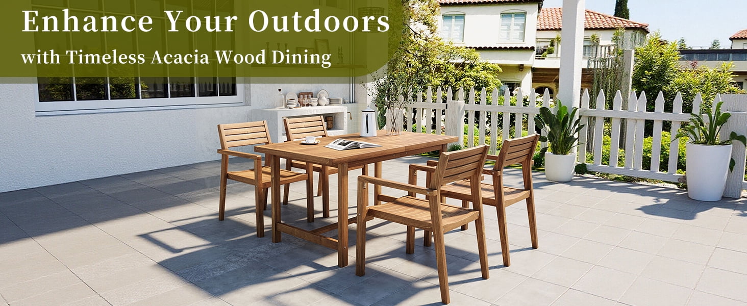 Mintazer 59" 5-Piece Outdoor Dining Set with Chairs & Umbrella Hole, Patio Furniture Set for Garden Backyard Poolside, Natural Brown