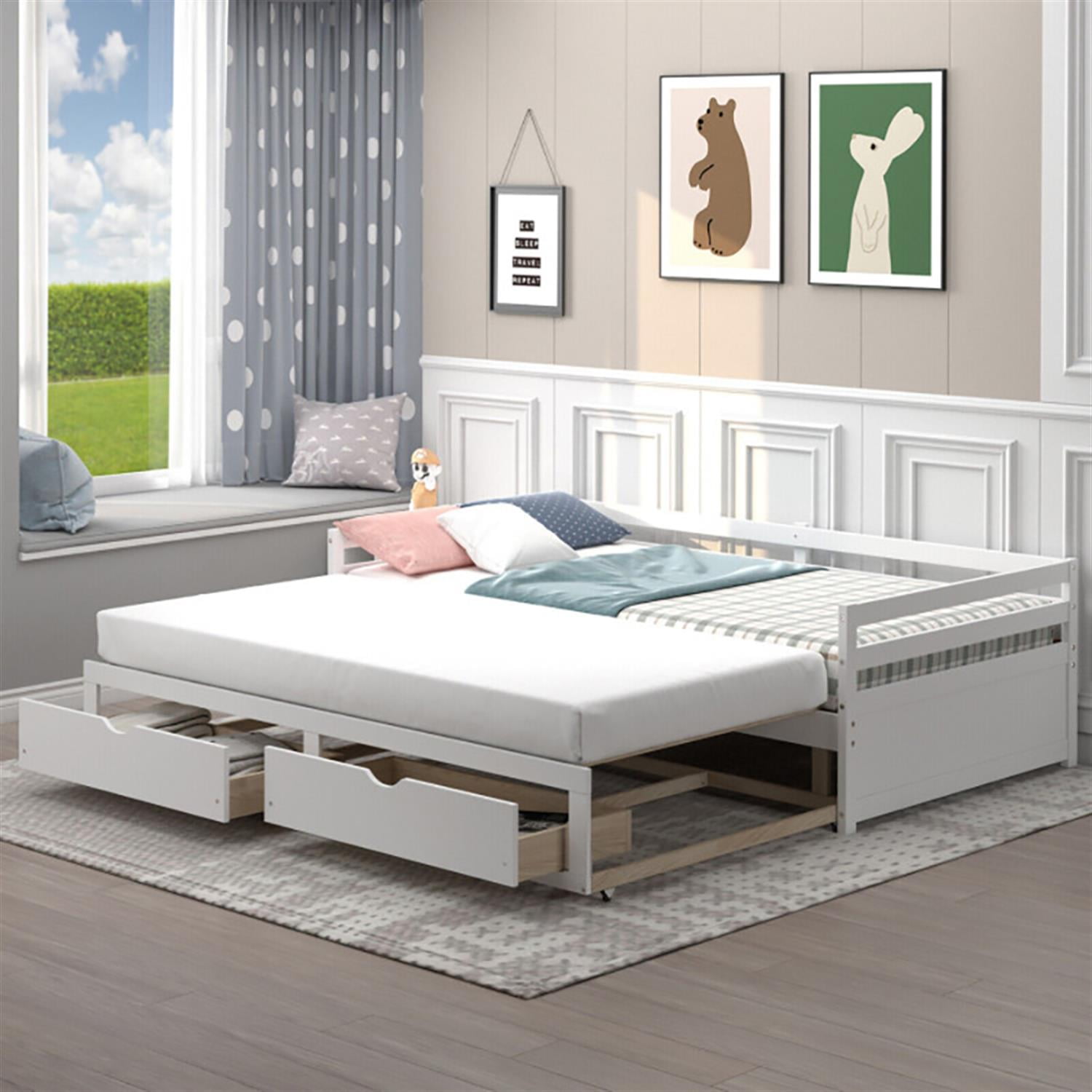 Demi Bonn Extendable Twin to King Daybed with Trundle and 2 Storage Drawers, Modern Bed Frame for Teens, Brown