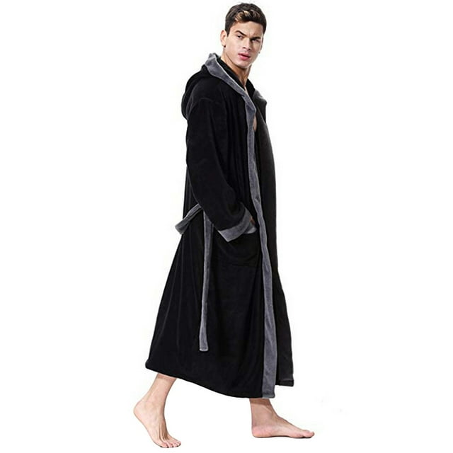 Mens Robe Plush Mens Lengthened Patchwork Coralline Plush Shawl Bathrobe Long Sleeved Robe