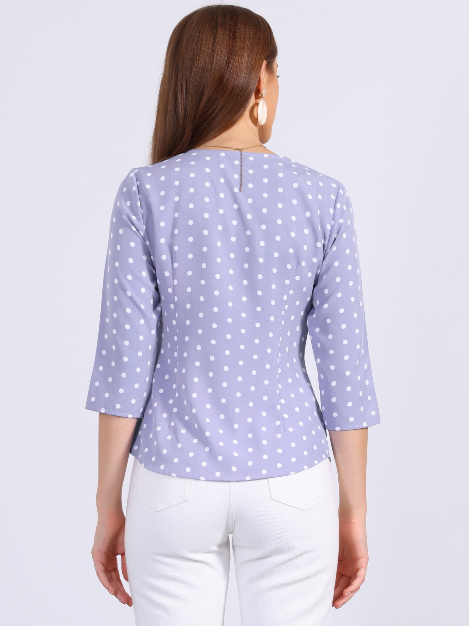 DARING DIVA Women's Polka Dots 3/4 Sleeve Button Front V Neck Blouse L Dusty Purple