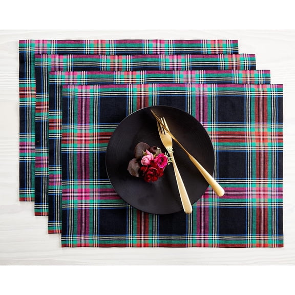 Linen Plaid Placemats Set of 4 - 100% Pure Linen Christmas Black Jewel Cloth Placemats 14 x 19 Inch - Handcrafted and Machine Washable Table Place Mats