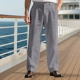 thumbnail image 4 of Men's Striped Linen Dress Pants, Causal Business Office Wide Leg Formal Pants Flat Front Button Pinstripe Trousers with Pockets, 4 of 9