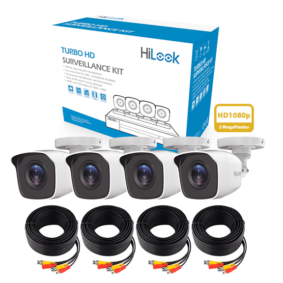KIT TurboHD 1080p HILOOK BY HIKVISION DVR 4 canales 4 Cámaras Bala de Metal Fuente de Poder