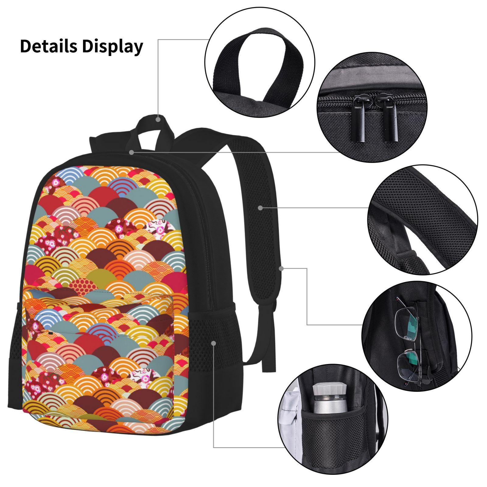 Naloa Japanese Style Fish Scales Print Large Capacity Backpack Lunch Bag Pencil Case Combination 3 Piece Set for Student