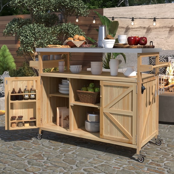Bellemave Outdoor Kitchen Island Solid Wood Mobile Rolling Bar Cart with Lockable Wheels, Rack and Stainless Steel Top Outdoor Grill Table with Storage Cabinet for Patio, Natural