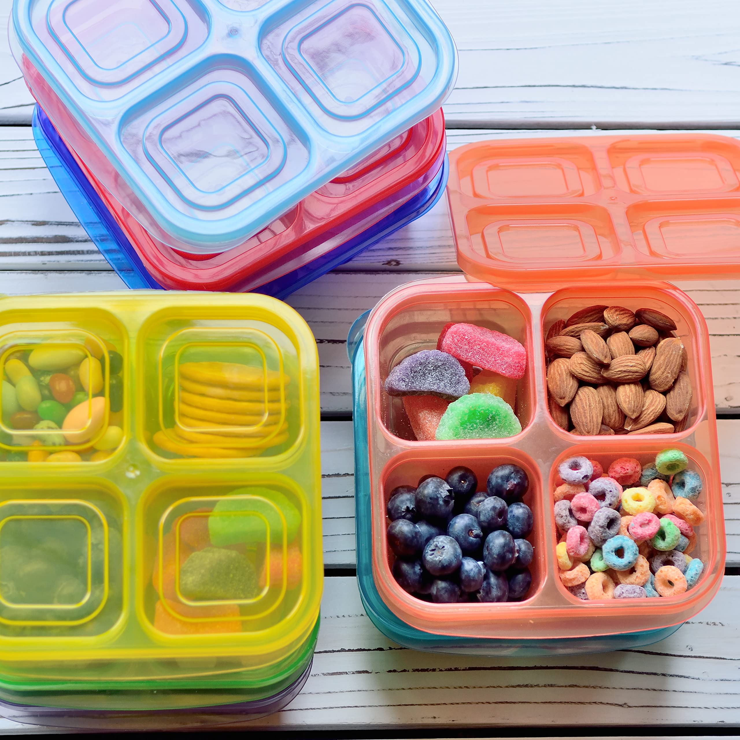Youngever 8 Pack 4-Compartment Reusable Snack Box Food Containers, Bento Lunch Box, Meal Prep Containers, Divided Food Storage Containers (Rainbow Color Container)