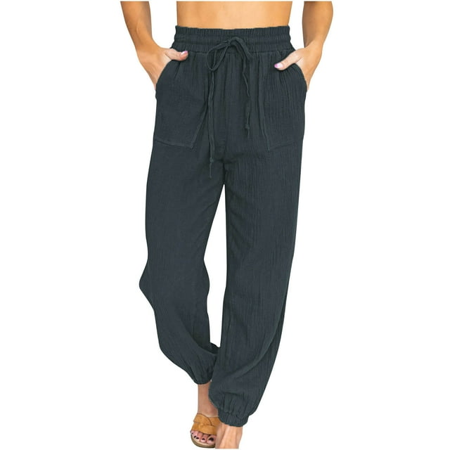 Womens Casual Lounge Pants Elastic High Waist Solid Color Drawstring Relaxed Fit Trousers Workout Pants with Pockets