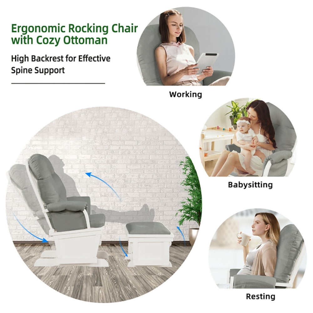 Finihen Glider and Ottoman Cushion Set, Wooden Rocking Nursery Chair, Wood Baby Glider and Ottoman Cushion Set with Padded Armrests for Nursing, for Napping, Nursing, Reading, Light Gray Finihen Glider and Ottoman Cushion Set, Wooden Rocking Nursery Chair, Wood Baby Glider and Ottoman Cushion Set with Padded Armrests for Nursing, for Napping, Nursing, Reading, Light Gray