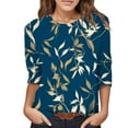 thumbnail image 1 of TSADFHJI Hauts pour Femmes Automne Imprimé Feuilles Mode Décontractée Col Rond Manches Trois-Quarts T-Shirt Blouse TG Bleu, 1 of 5