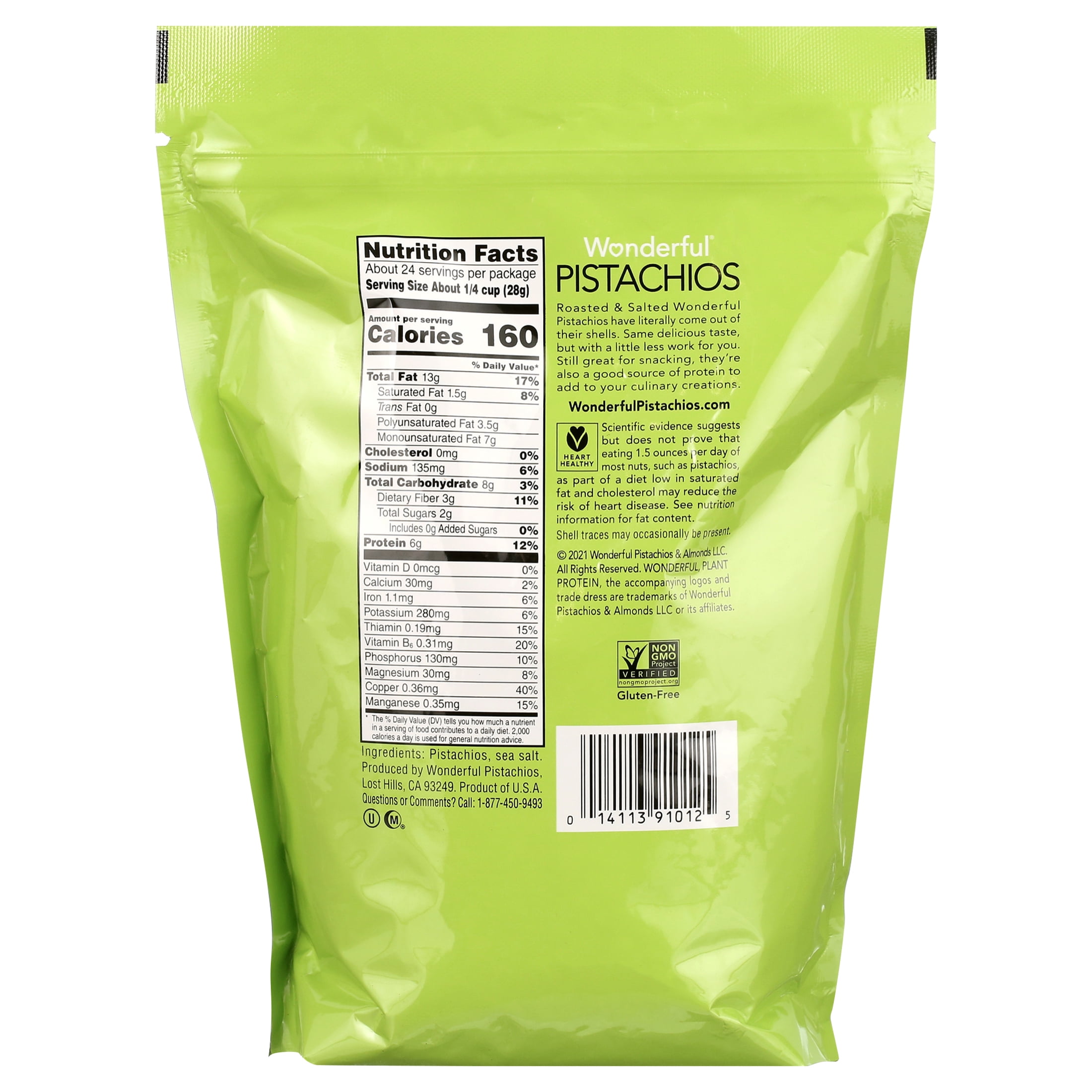 Wonderful Pistachios, No Shells, Roasted & Salted, 24 Ounce Resealable Pouch