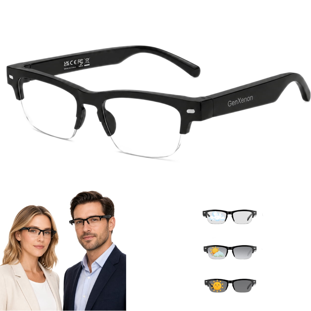 GenXenon Bluetooth Smart Glasses with Polarized Sunglasses Lenses,Open-Ear Audio Wireless Sunglasses for Men Women,Hands-Free Calls & Music,UV400 Protection,Voice Assistant,8H Playtime