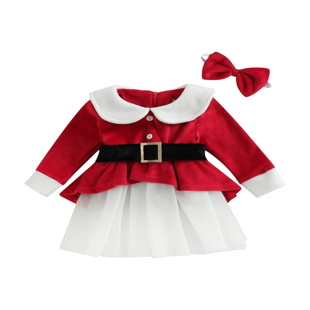 POINTERTECK Robe de Noël pour Tout-Petit Fille 0-6 Ans à Manches Longues, Ourlet en Maille Patchwork, Taille Haute, Robe Décontractée de Fête + Ceinture de Taille + Bandeau Rouge 5-6 Ans