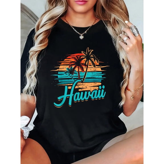 Hawaiian Island Tropical Hawaii Design Vacation Souvenir T-Shirt casual short sleeve crew neck cotton tee tops for women