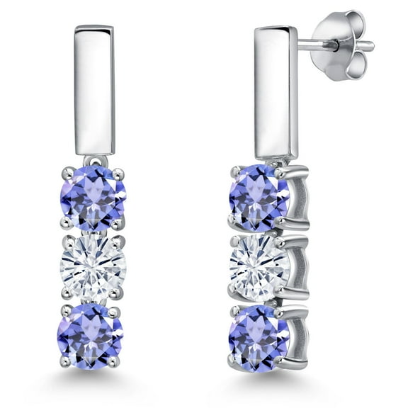 Gem Stone King 925 Sterling Silver Blue Tanzanite and White Moissanite Drop Dangle Earrings for Women | 1.42 Cttw | Gemstone December Birthstone | Round 5MM