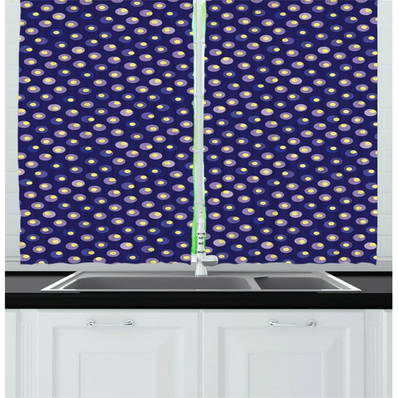 Retro Curtains 2 Panels Set, Abstract Geometric Ornament with Repeating Contrast Moire Circles, Window Drapes for Living Room Bedroom, 55W X 39L Inches, Indigo Purple Grey and Yellow, by Ambesonne