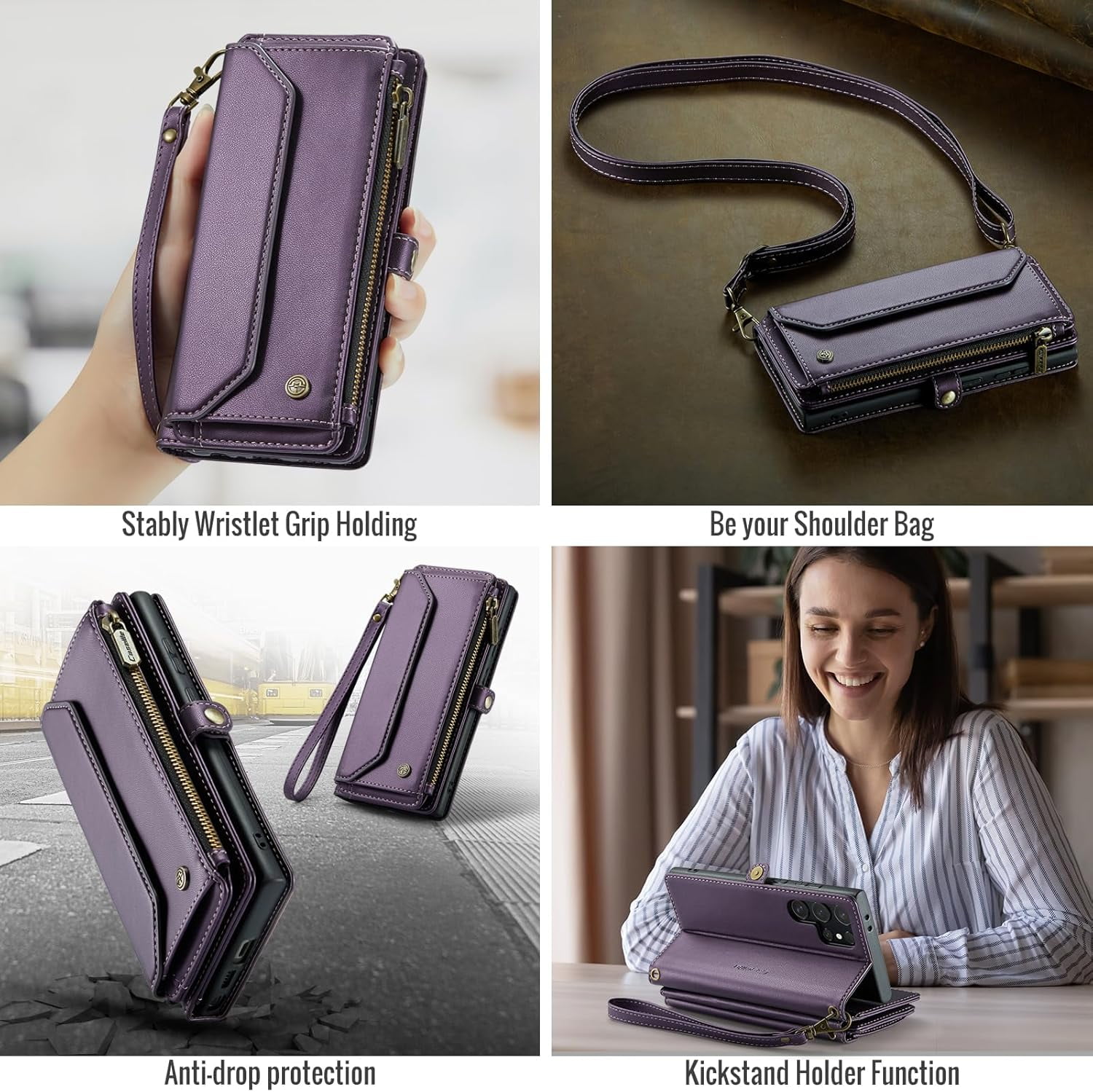 KOMI for Samsung S24 Ultra Case with RFID Blocking for Samsung Galaxy S24 Ultra Wallet Case for Women Men, PU Leather Magnetic Flip Strap Zipper Card Holder Phone Case for Galaxy S24 Ultra Purple