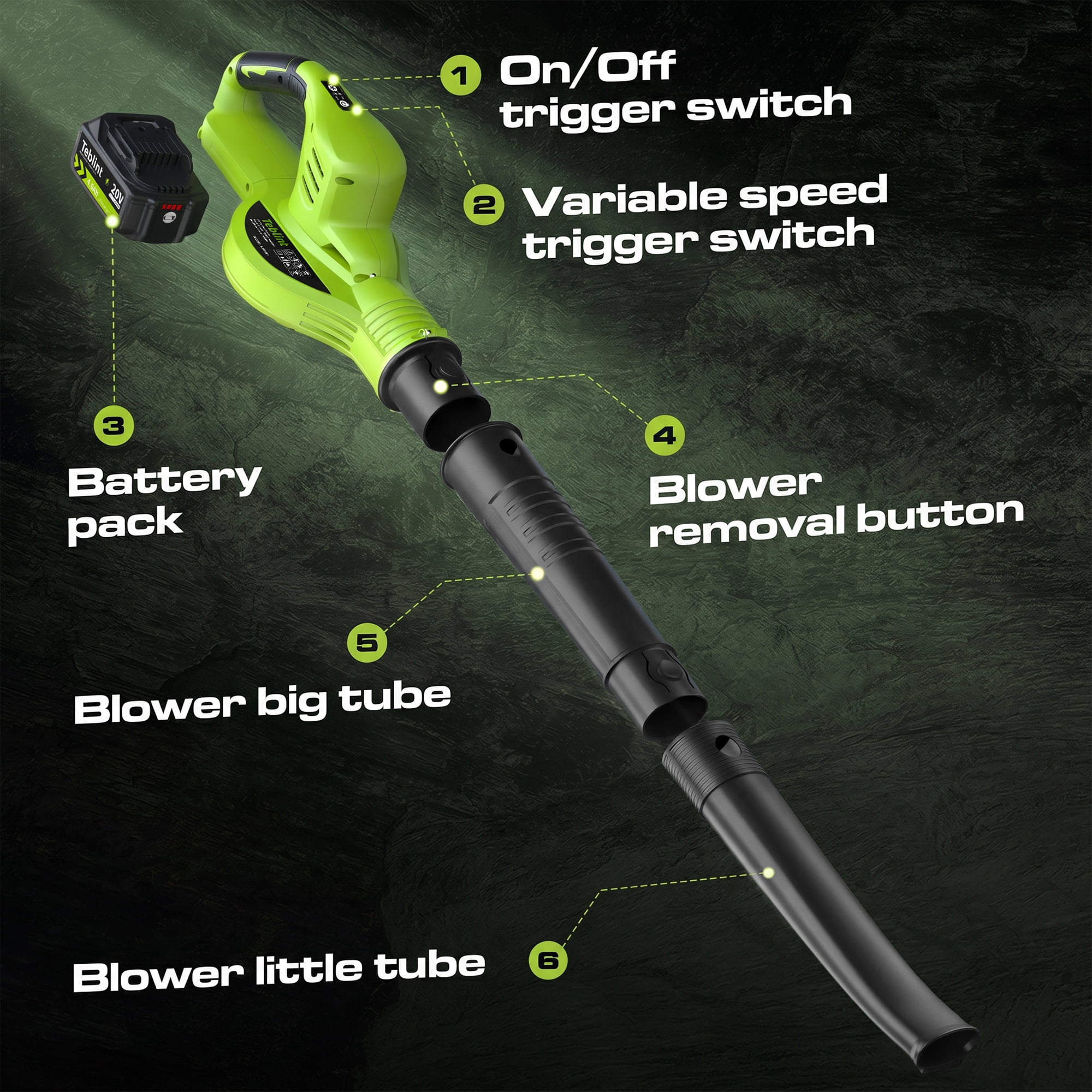 Teblint Cordless Leaf Blower, 150MPH 350 CFM 20V Electric Leaf Blower with 4.0Ah Battery & Charger, Battery Powered Leaf Blower for Snow Blowing, Lawn Care, Patio, Garden Cleaning(Green)