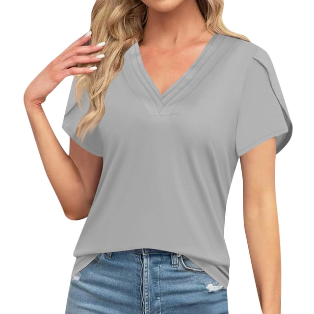 T-shirts pour Femmes à Col en V à Manches Courtes Décontractés Amples Hauts 2024 Tendance Maintenant