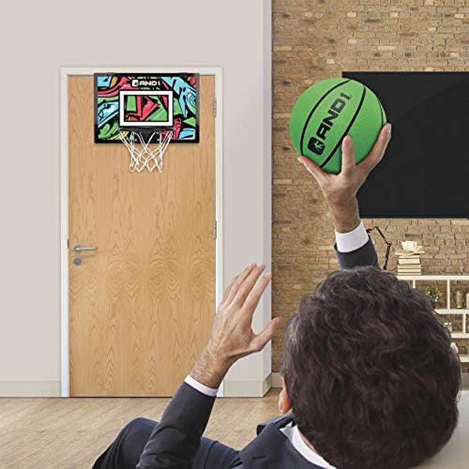 AND1 Over the Door Mini Basketball Hoop Set, 18"x12" Shatterproof Backboard, 1 Mini Basketball, No Tools Indoor Use